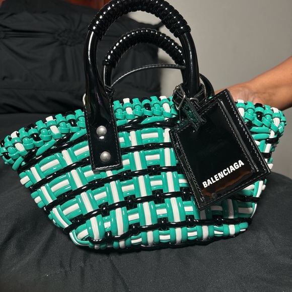 Balenciaga Handbags - Balenciaga Green, White & Black Woven Tote